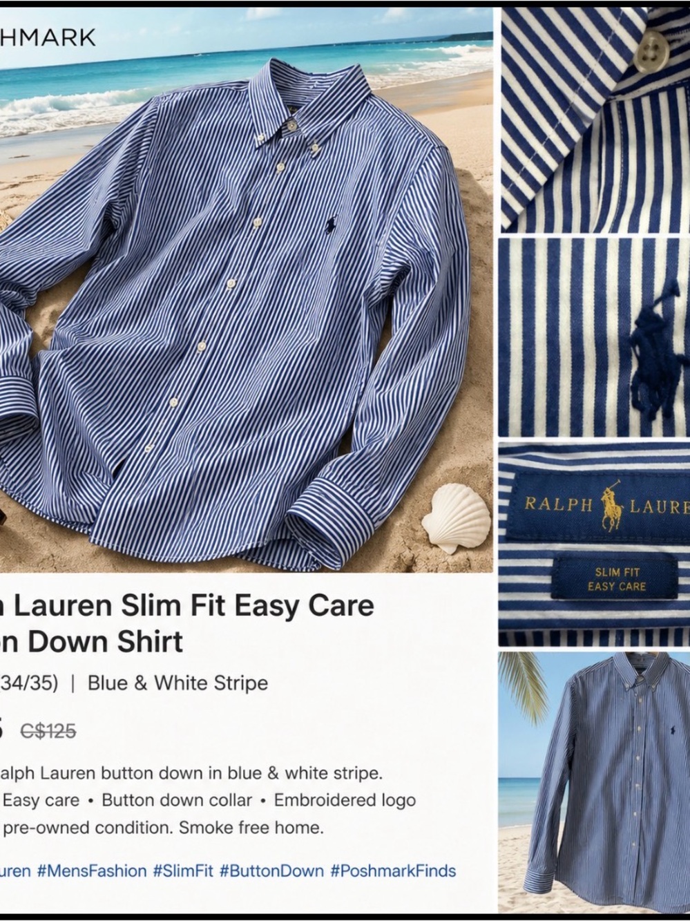 Ralph Lauren Blue and White Narrow-Stripe Button-Down Shirt